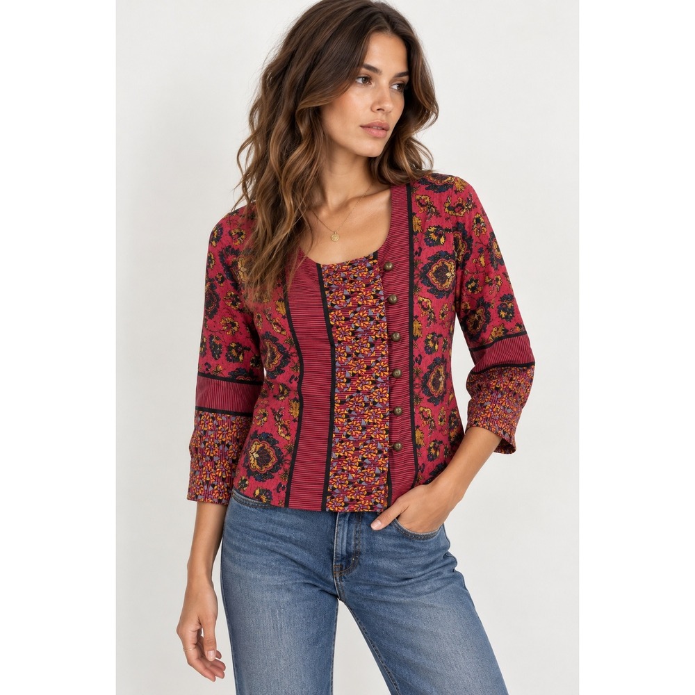 Plenty by Tracy Reese Blouse Womens 4 Red Turkish Rug Silk Boho Top NWT Military